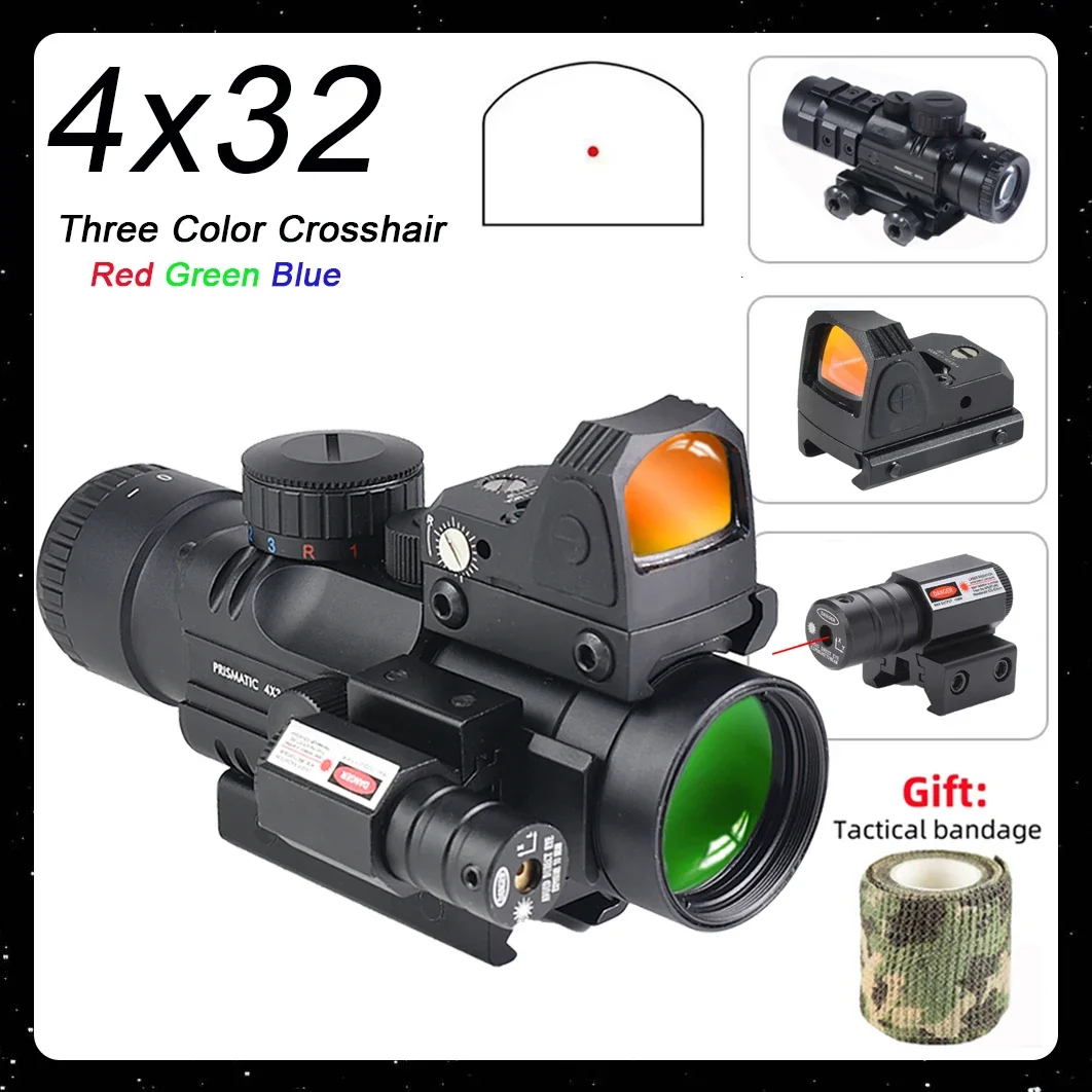 4X32 Tactical Three Color Crosshair Illuminated Optics Sight with Mini Red Dot and Red Green Laser Combo Riflescope Fit 20mm