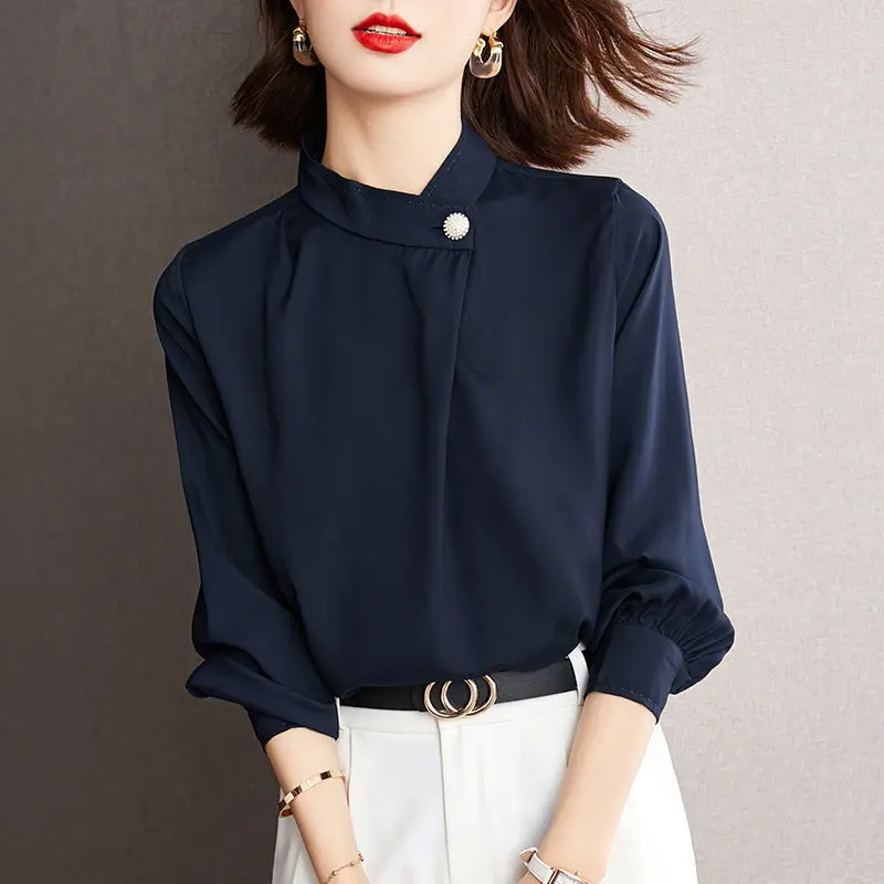 Spring Autumn Elegant Fashion Stand Collar Chiffon Shirt Female 3/4 Sleeve Casual Bottomed Blouse Women Solid Color Pullover Top