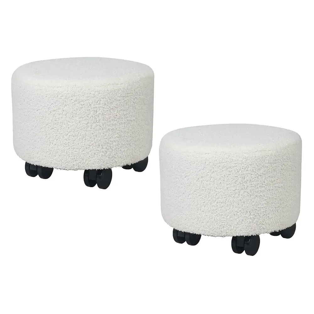 

Set Of 2 Round Ottoman With Rolling Wheels, Small Footrest Padded Seat Footstool For Living Room Bedroom Office, White