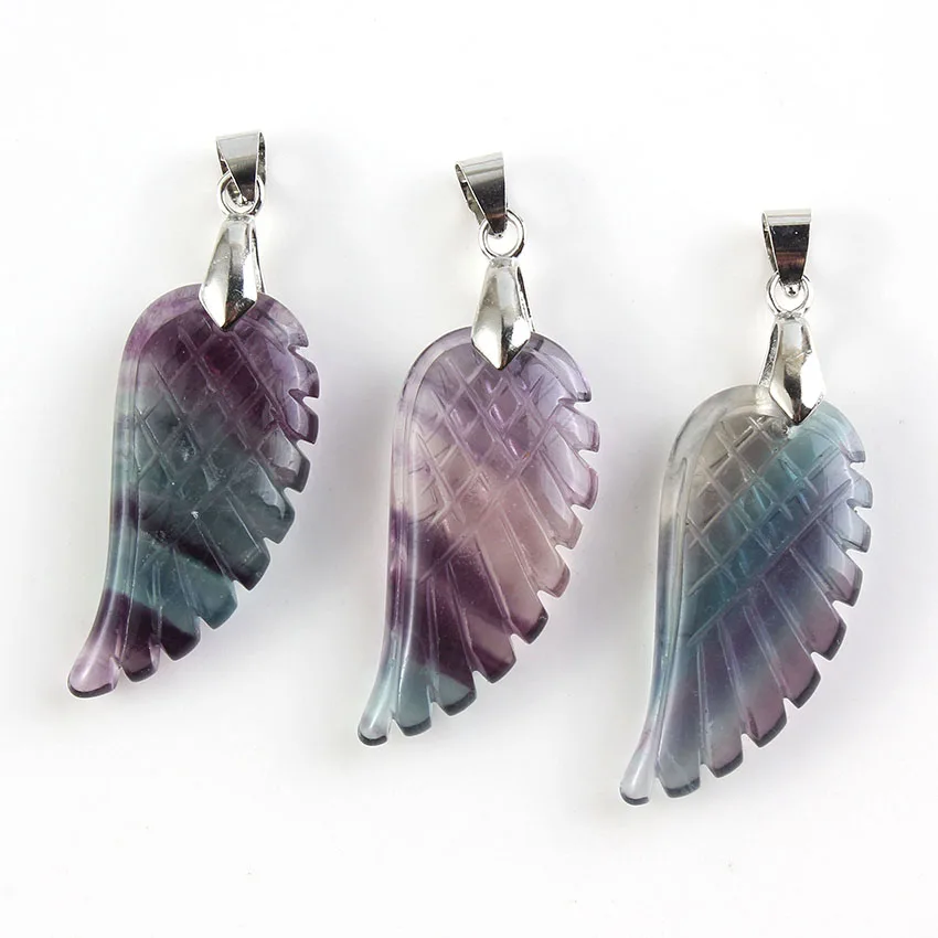 KFT Silver Plated Vintage Natural Fluorite Stone Freedom Angel Wing Pendant 35mm Fashion Women Men  Jewelry