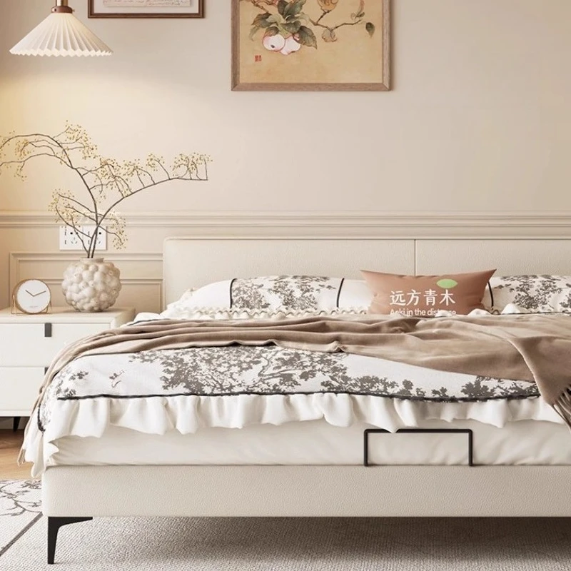 Leather Bed Modern Minimalist Bedroom Furniture Short Headboard Double Bed with Storage Space Soft Backrest Meet Different Style
