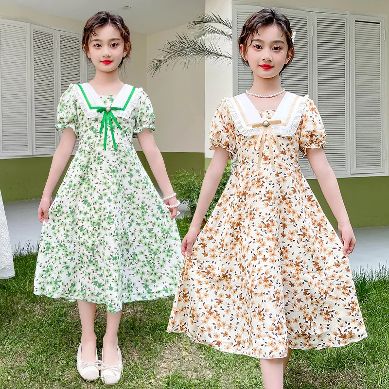 2024 Summer Girls Elegant New Children Casual Princess Teenager chiffon floral pearl green dress 5 6 7 8 to 9 10 11 12 13 year