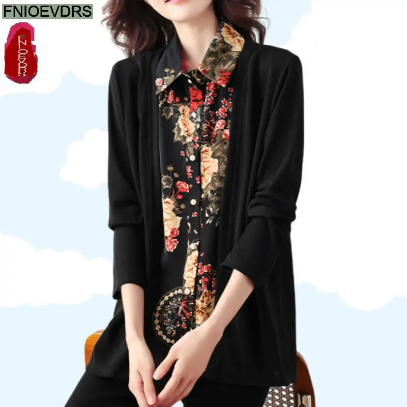 

Loose Patchwork Shirts Basic Wear New 2025 Women Long Sleeve Elegant Fashion Work Lady Retro Vintage Blouses Fake Two Piece Tops