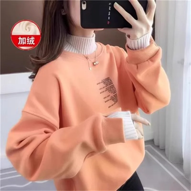 Sportshirt Fake Two-Piece Plush Thicken Women's Hoodie Oversized Women's Sportshirt 2024 New Autumn Winter Popular Chubby MM Top