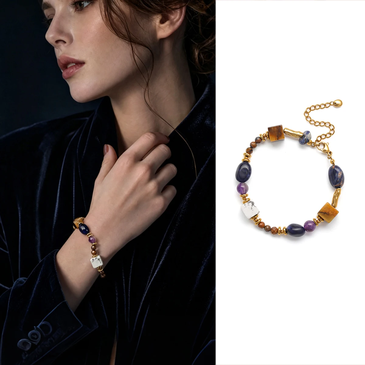 Natural Yellow Tiger Eye Cube Sodalite Freeform Bracelet Stainless Steel Chain for Men Women Chakra Courage Protection Gifts