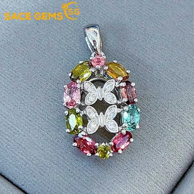 SACEGEMS New Trend 925Sterling Silver 3*5MM Natual Tourmaline Pendant Necklaces for Womne Engagement Cocktail Party Fine Jewelry