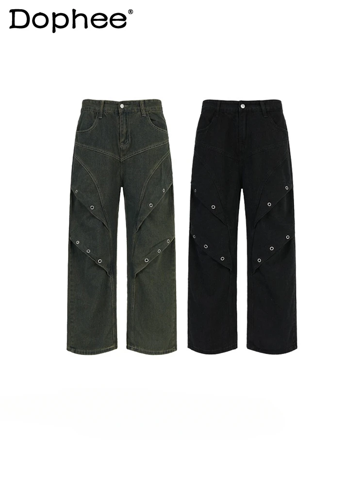 

Fashion Retro Jeans Men's 2025 Spring Autumn New Trend High Street Straight Loose Wide Legs Curved Cotton Elastic Denim Trousers