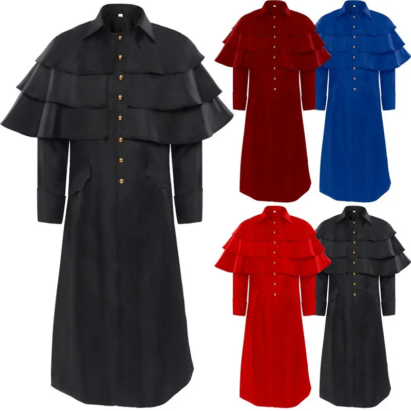 

Halloween New Men's Medieval Priest Outfit Stand Collar Gored Hem Button Coat Stage Costume Uniform Polyester Fiber 100%