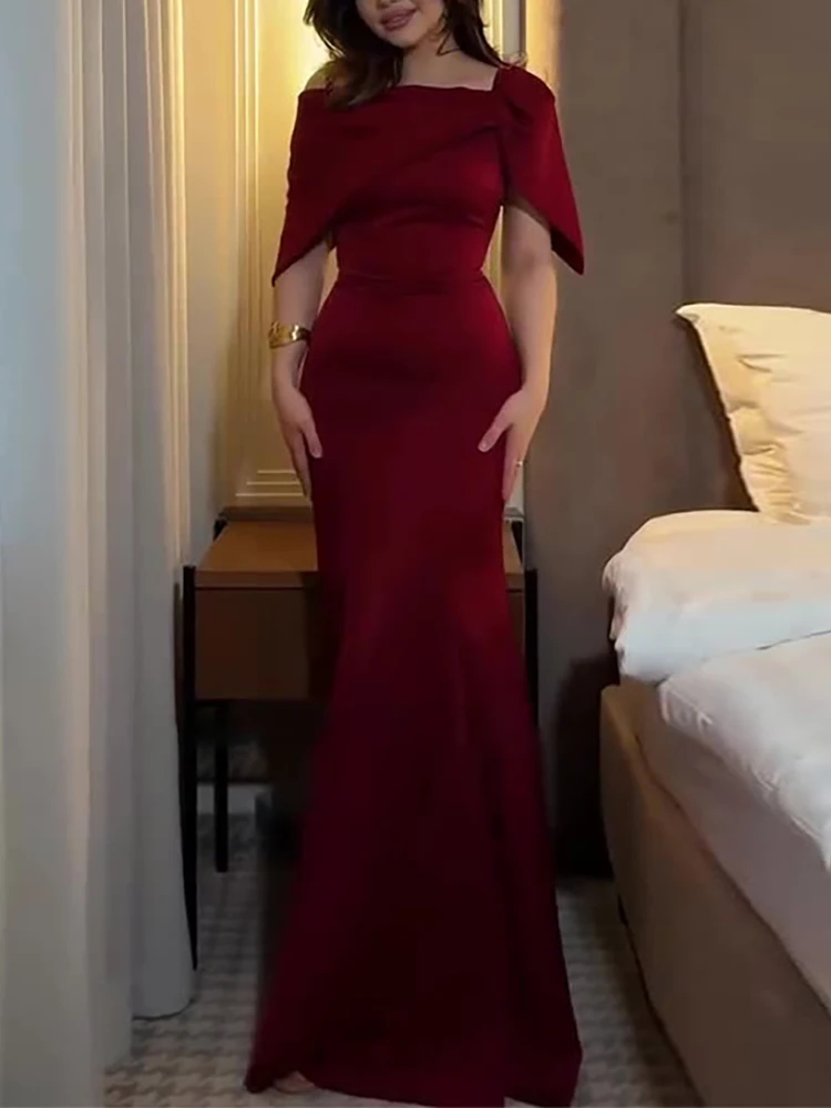 

Роскошное атласное платье однотонного цвета с плиссировкой для банкета, сексуальное платье-русалка с завышенной талией, модное асимметричное вечернее платье с вырезом-лодочкой, облегающее фигуру