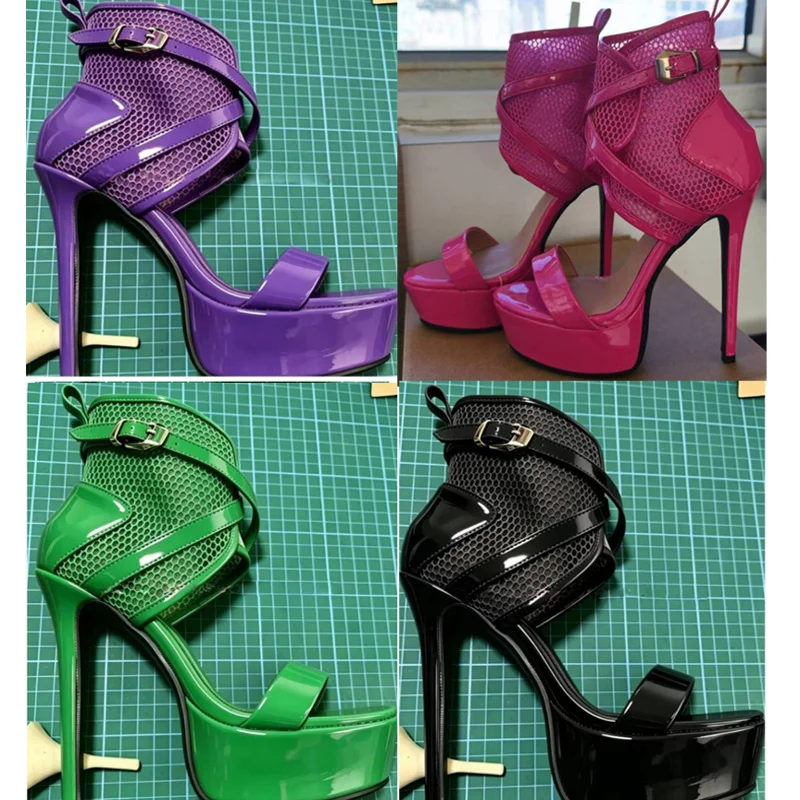 Hot Pink Purple Cross Strap Small Buckle Ankle Mesh Patchwork Platform Sandals Woman Super High Heel Evening Dress Shoes