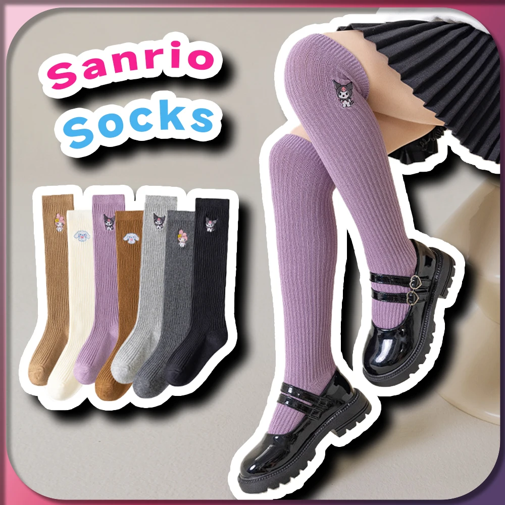 Kawaii Kuromi Kids Knit Embroidery Over Knee Thigh Socks Sanrio Anime Cinnamoroll My Melody Autumn Girl Cotton JK Lolita Socks