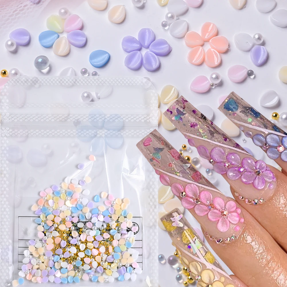 150Pcs 3D Macaron Petals Nail Art Decoration with White&Gold Beads Acrylic Flower Nails Charms Kawaii Resin Floral Nail Supplies