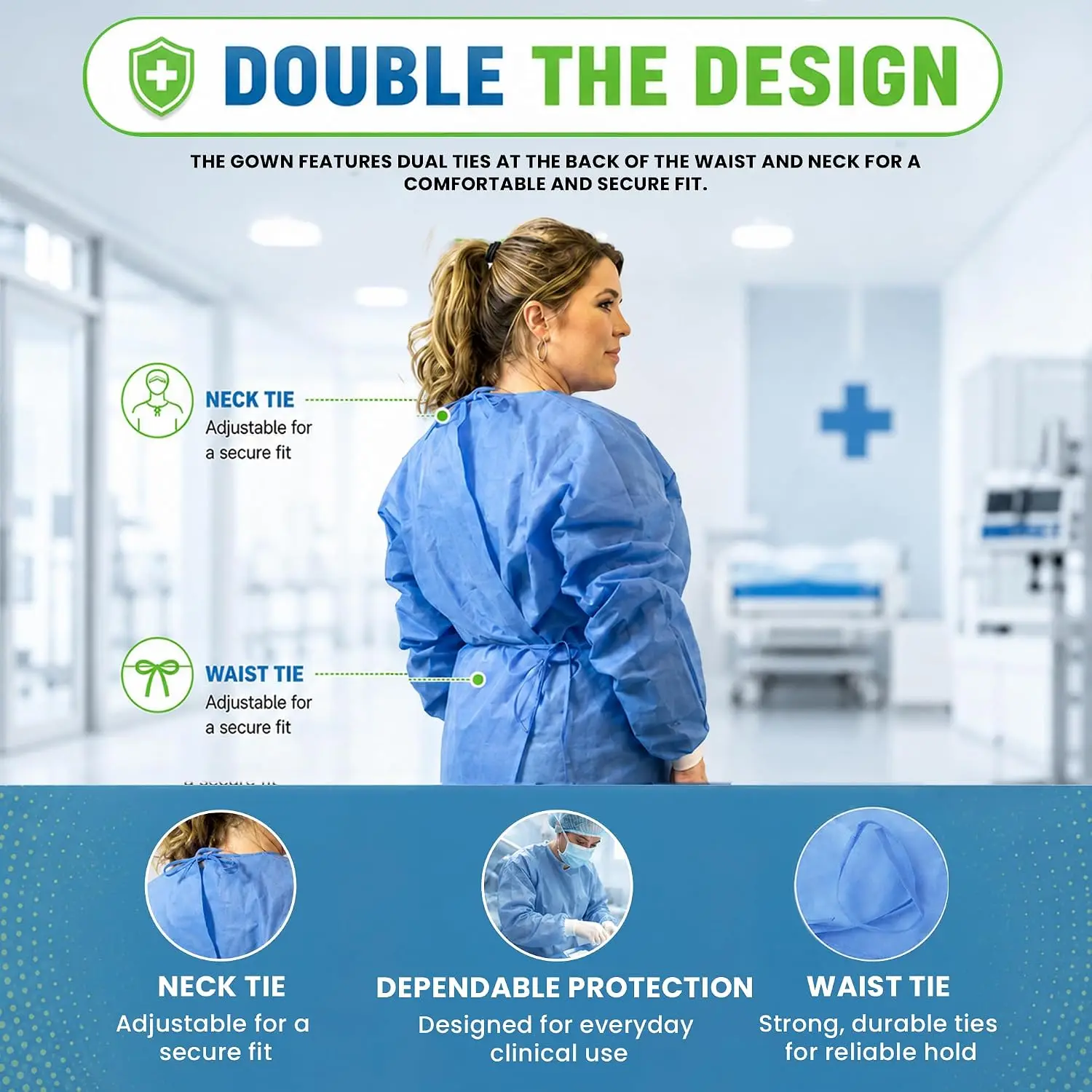 3 Disposable PPE Isolation Medical Gowns– Level 2, Full Back Coverage, Double Tie Closure, SMS 45g Material, Knit Cuffs, Unisex view 5