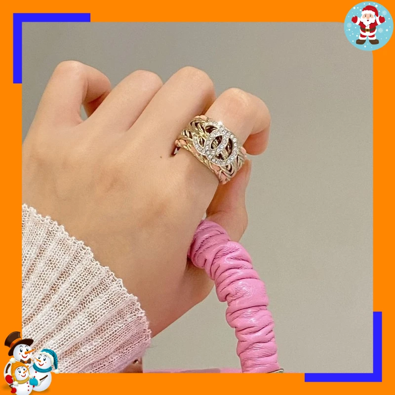 Leather Chain Hollow Black and White Powder Ring Niche Sweet and Cool Style Simple and Versatile Diamond-encrusted Alphabet Jewe