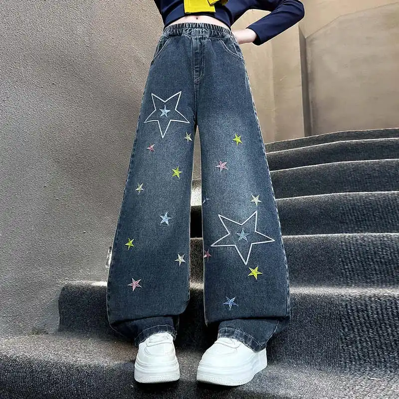 

Gothic Retro Style Brand Baby Girl Baggy Jeans With Star Embroidery y2k Blue Washed Straight Denim Pants Kids Hip Hop Trousers