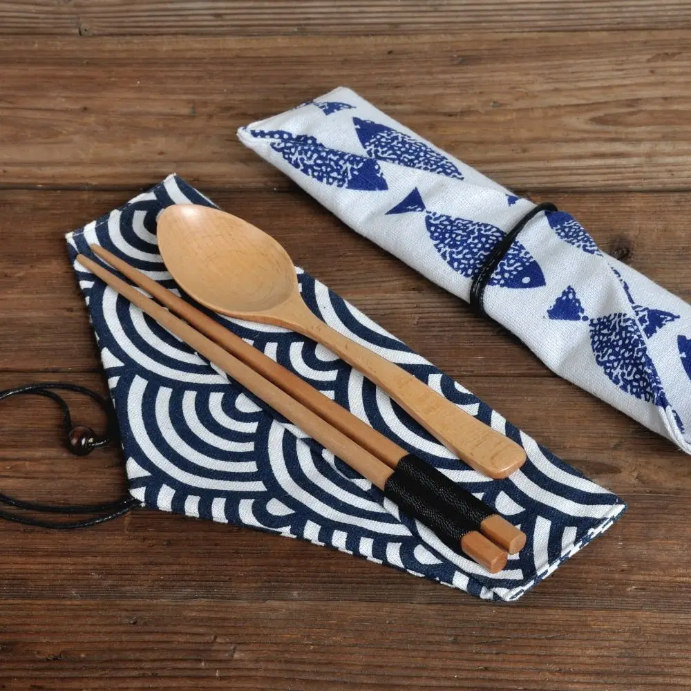 Reusable Cotton Linen Cutlery Pouch Roll-Up Design Japanese Style Utensil Holder Portable Cutlery Case For Chopstick Spoon