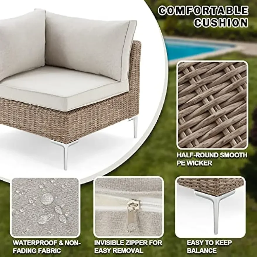 Half-Round Rattan Wicker Outdoor Móveis Set com Almofada, Sofá secional, Pátio Conversa Set, 7 Pcs