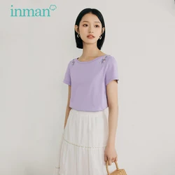 INMAN Summer Casual Women's T-shirt Elegant Woman Clothes Embroidered Tops Women Pure Color Round Collar Fashion Woman Blouses