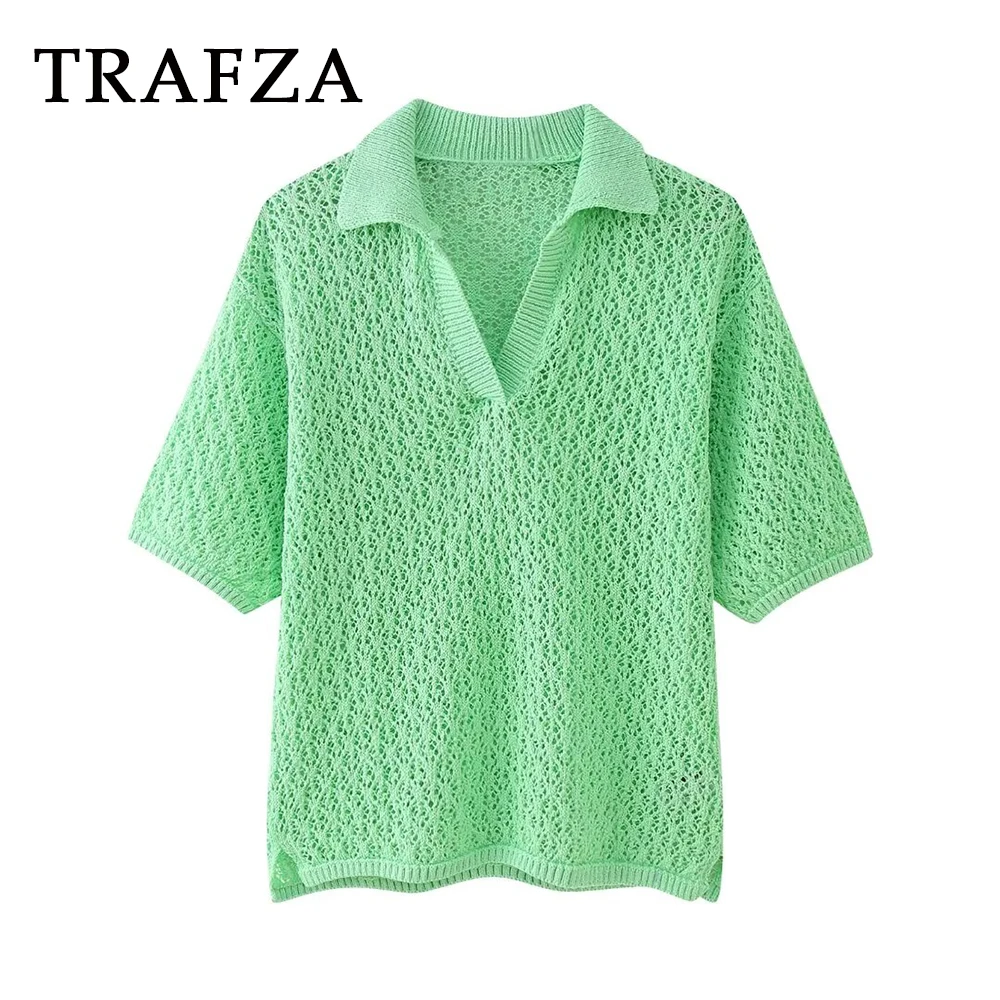 TRAFZA 2024 Women Spring Summer Casual Knitted Sweater POLO Half Sleeve Jacquard Mesh Sweater Pullover Loose Fashion Women Tops