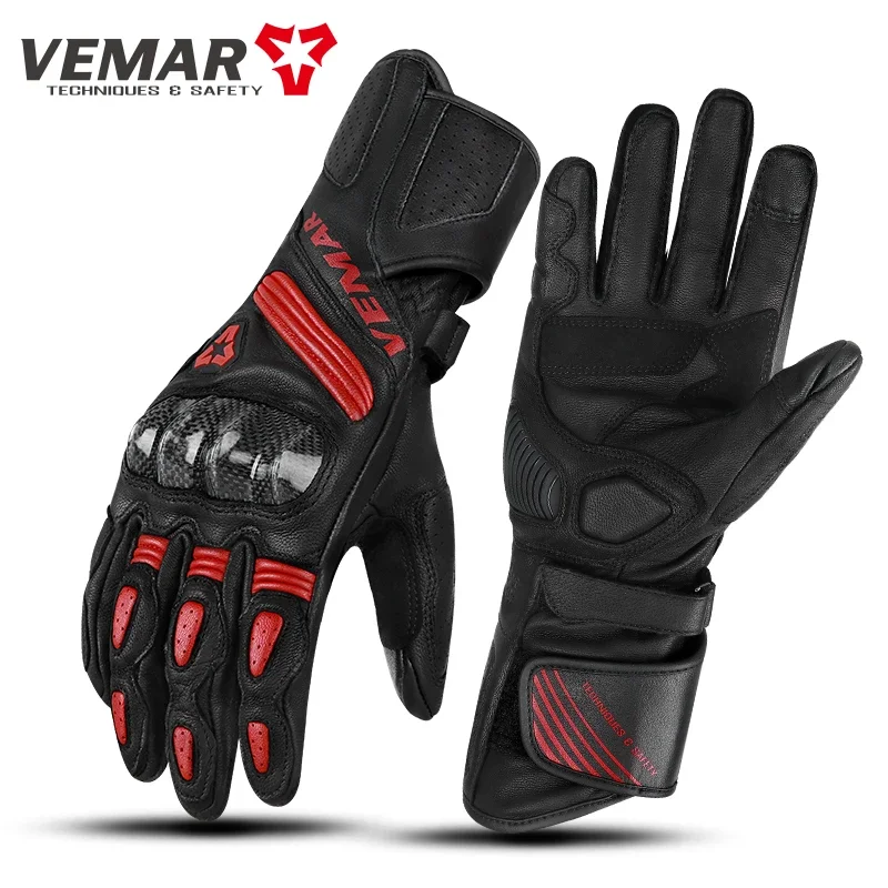 

Men VEMAR Motorcycle Genuine Leather Long Gloves Carbon Fiber Gloves Four Seasons Breathable Touch Screen Moto Riding Gloves
