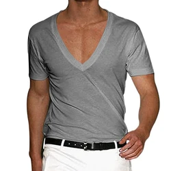 Summer Men‘s Solid Color Short Sleeve Deep V Neck Basic T-Shirt Gym Muscle Fitness Bodybuilding Tee Tops T Shirts Clothing