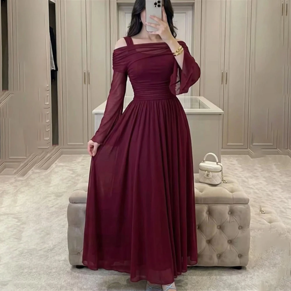 Evening Dresses Spaghetti Strap Pleated Women's Formal Evening Gowns Long Sleeve Party Prom Dress vestidos de fiesta elegantes