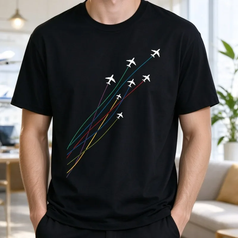 Color Airplane Flight Trails T Shirt Men Aviation Travel Graphic Print Soft Modal Crewneck Tee Fashion Streetwear Casual Top