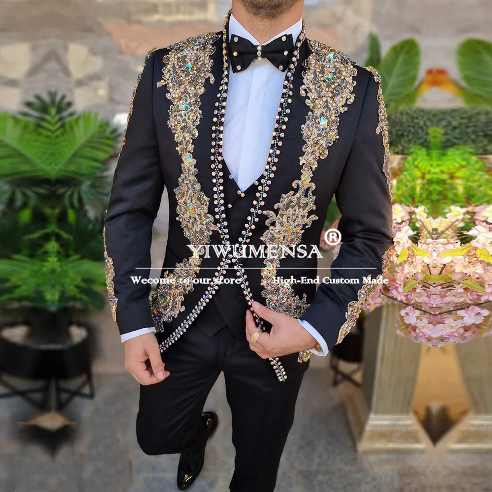 Men's Rhinestone Jewelry Ornament Suits Slim Fit 3-Pieces Formal Party Groom Wedding Tuxedos Customized traje de hombre elegante