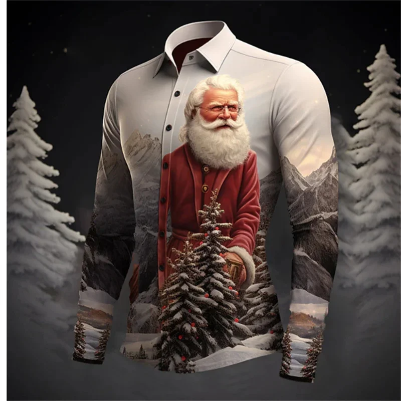 2024 New Year\'s Gift Santa Claus Casual Men\'s Shirt Autumn and Winter Long Sleeve Light Blue XS-6XL Stretch Fabric Shirt