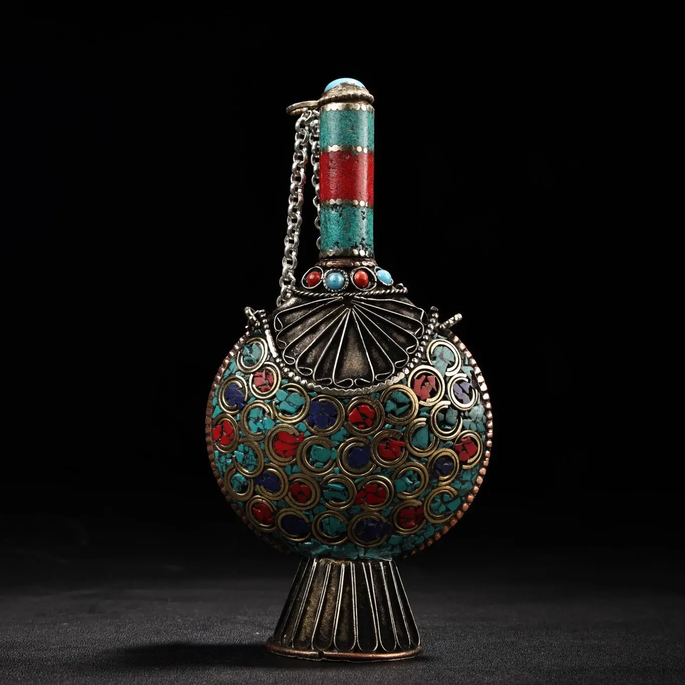 Tibetan Style Pure Copper Handmade Snuff Bottle Gem Inlaid Exquisite Home Decor Collectible