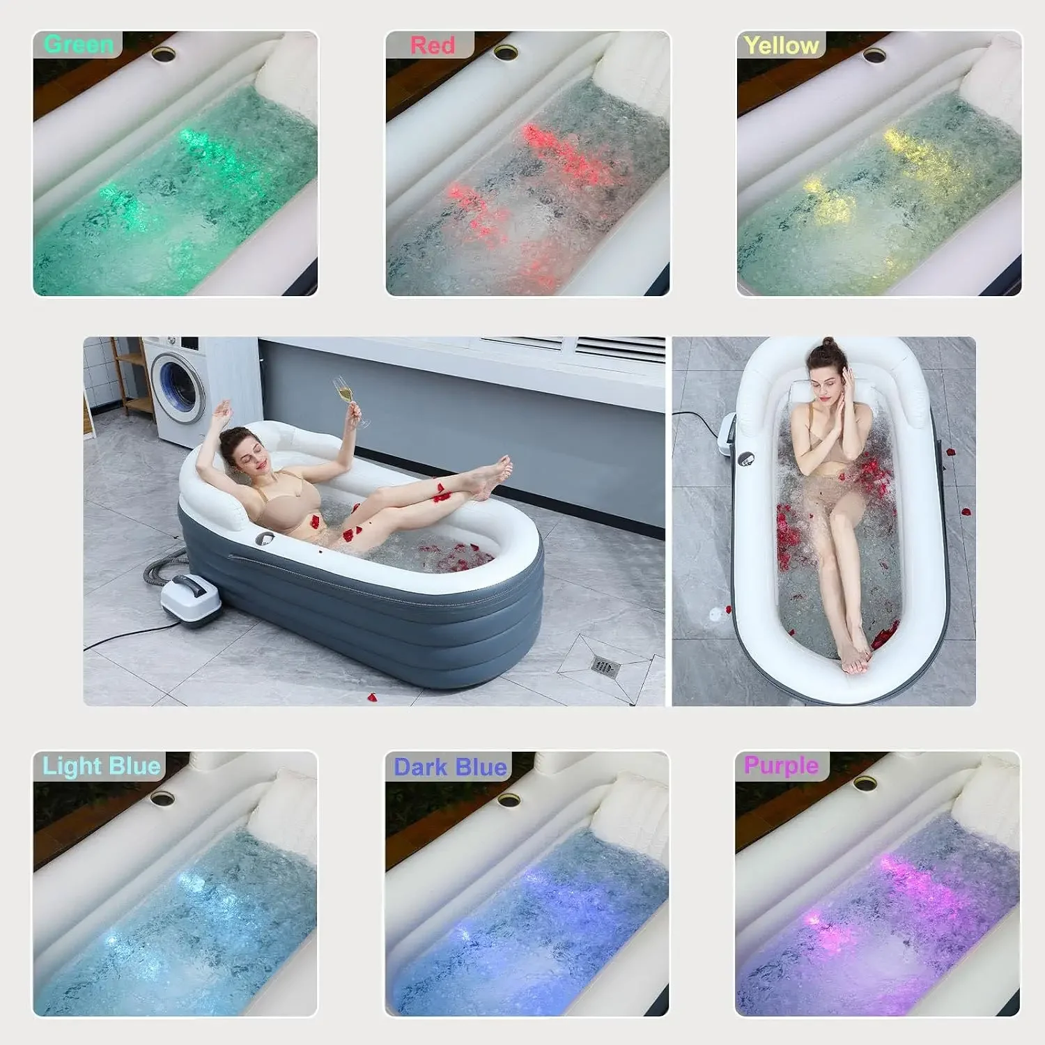 Inflatable Bathtub, Whirlpool Bath Mat, Foldable Surf Massage Bathtub, 108 Bubble Jets, 6 Intensity Levels & 6 Color Lights (167