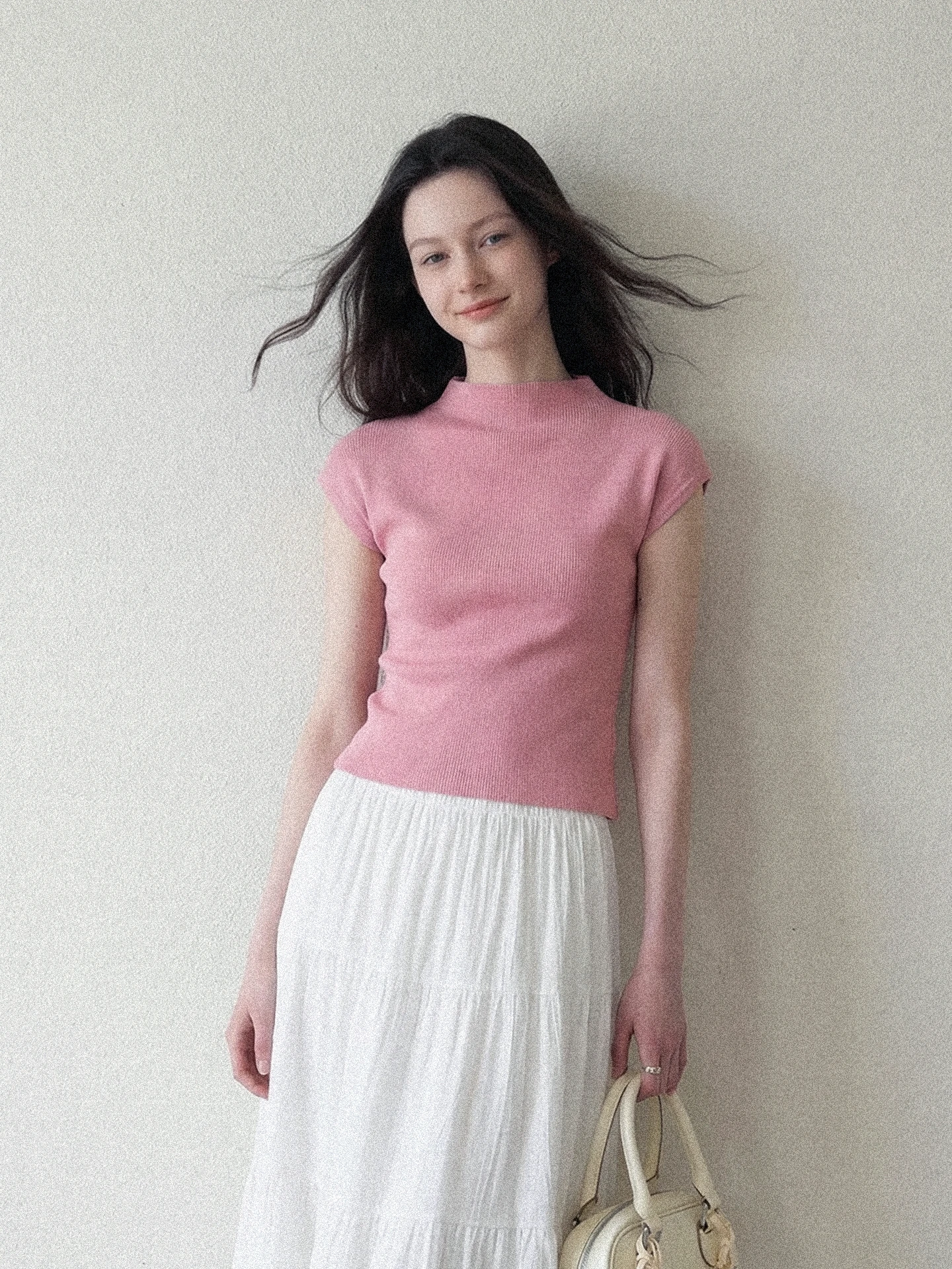 

Nelal Women's Short Sleeve Knitted Top Half High Collar Casual Soft Style Pink Summer New Arrival Comfortable Breathable