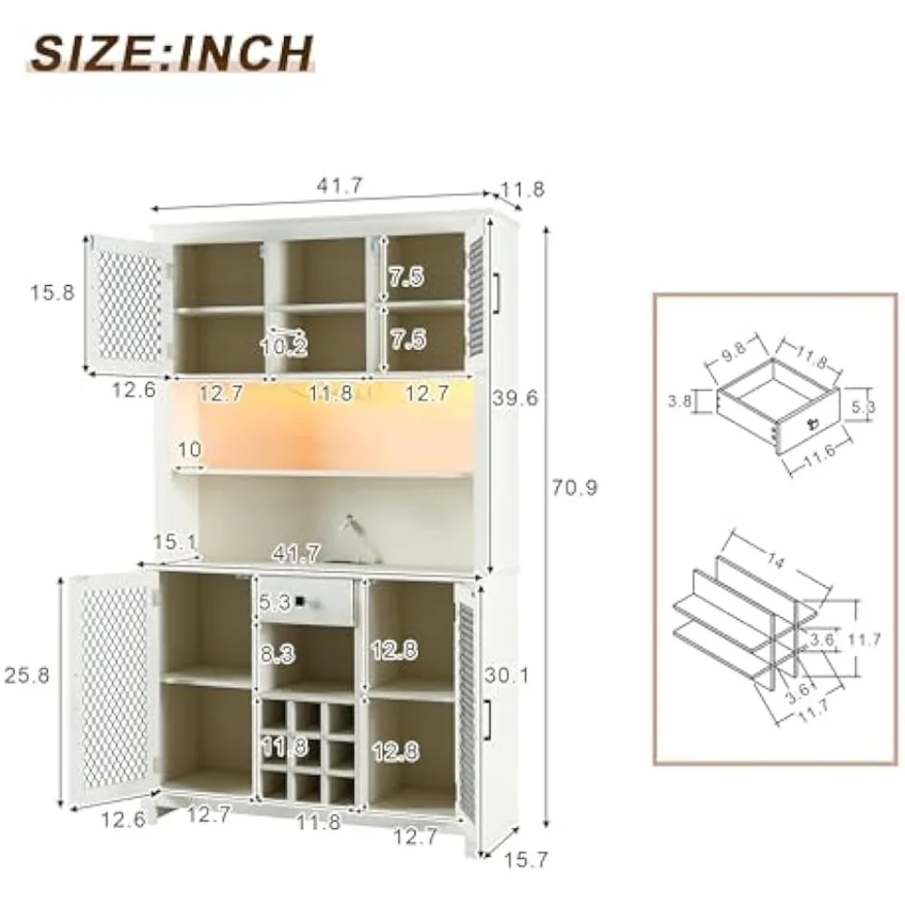 70.9 Inch Wine Cabinet with LED Lights, Outlets, Wines Bottle Rack, Wines Glass Rack, Drawer, Storage Shelf, Bar Cabinet