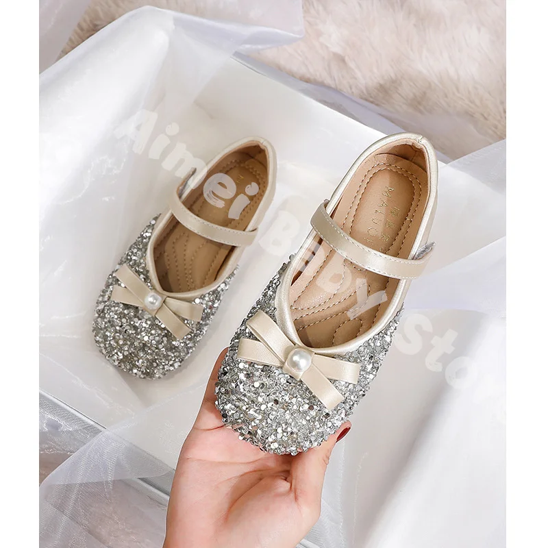 Pink Childrens leather Flat Single Shoes Girls Kids Rhinestone Bowknot Princess Shoes For Wedding And Party Girl Dance Shoes