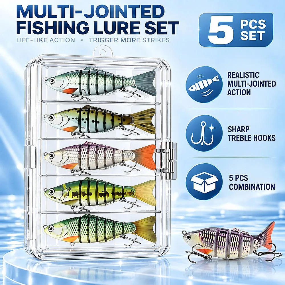 Segmented Swimbait 6-Segment Sinking Wobbler 3/5/10 Pack Lifelike Hard Bait Rattle 3D Eyes for Bass Perch in River Current