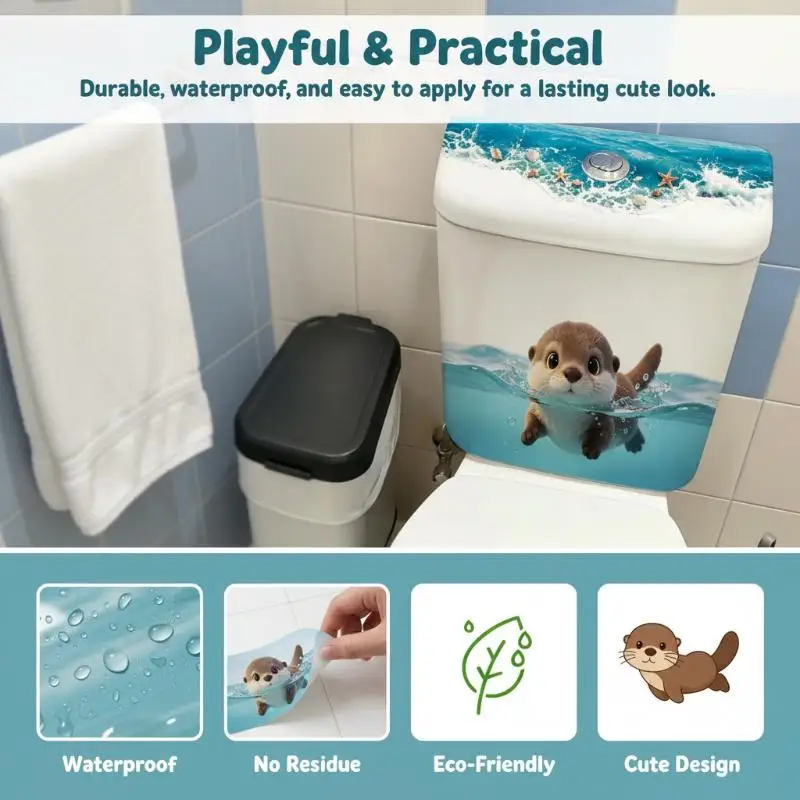 Cute Otter Toilet Tank Sticker Ocean Wave: Vinyl Decal Bathroom Adhesive Wall Art Accessories