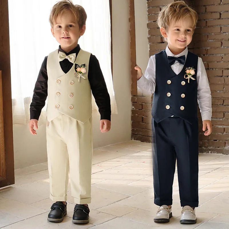 

Childrens Suit Spring Summer Cream Handsome School Uniform for Boys Toddler Birthday Outfits Teens Kids Wedding Vest Blazers Set