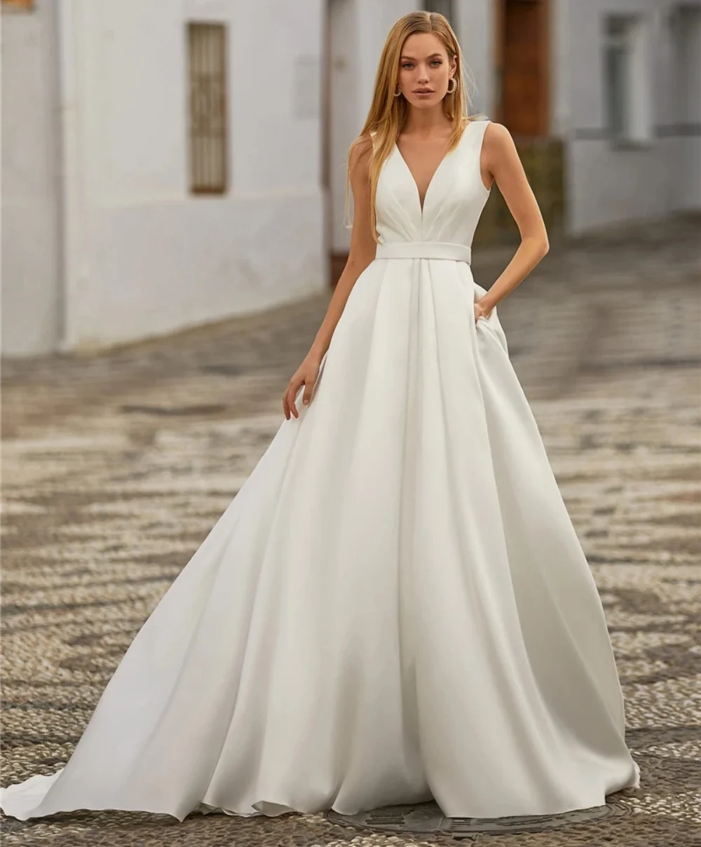 Vestido de noiva liso cetim a linha A com bolsos, vestido de noiva até o chão, trem, branco, novo, 2021, 2024