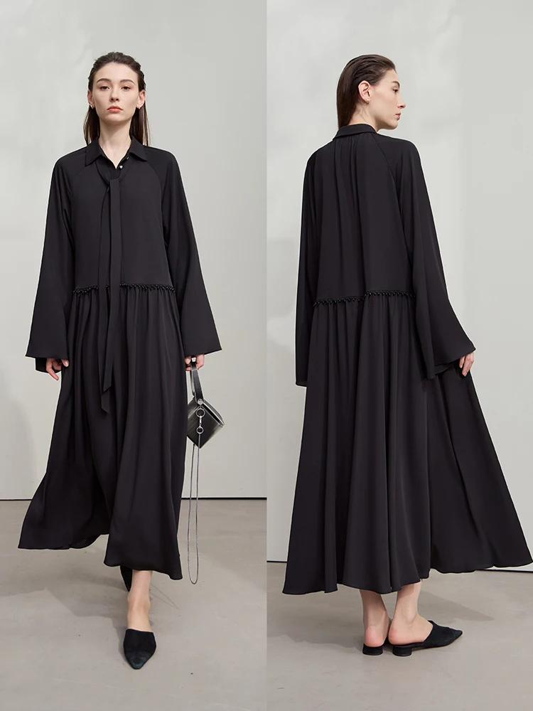 AMII فساتين نسائية 2025 خريف جديد فضفاض أنيق ملابس السيدات كم طويل عادية ألف خط الشيفون الدانتيل متابعة فساتين طويلة12553053