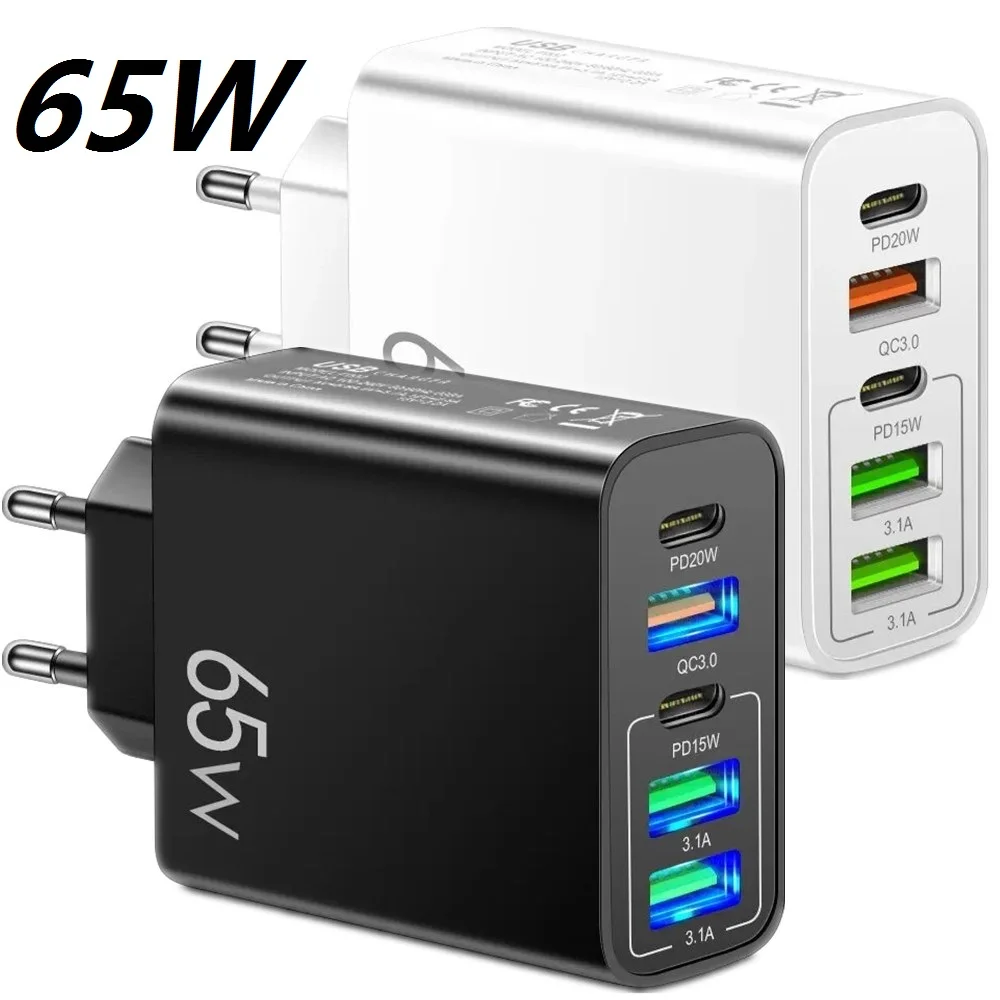 PD20W+15W Fast Charging 5Ports Dual USB C PD Wall Charger Power Adapter Eu US UK Plug For Iphone 13 14 15 Samsung Xiaomi Huawei