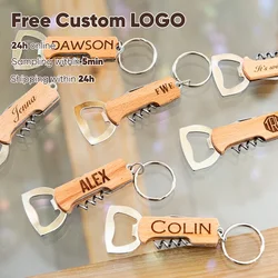 1pcs Free Custom Wooden Beer Bottle Opener Engraving Logo Wedding Key Chain Wine Stainless Steel Opener Gift Bar Party Accessory
