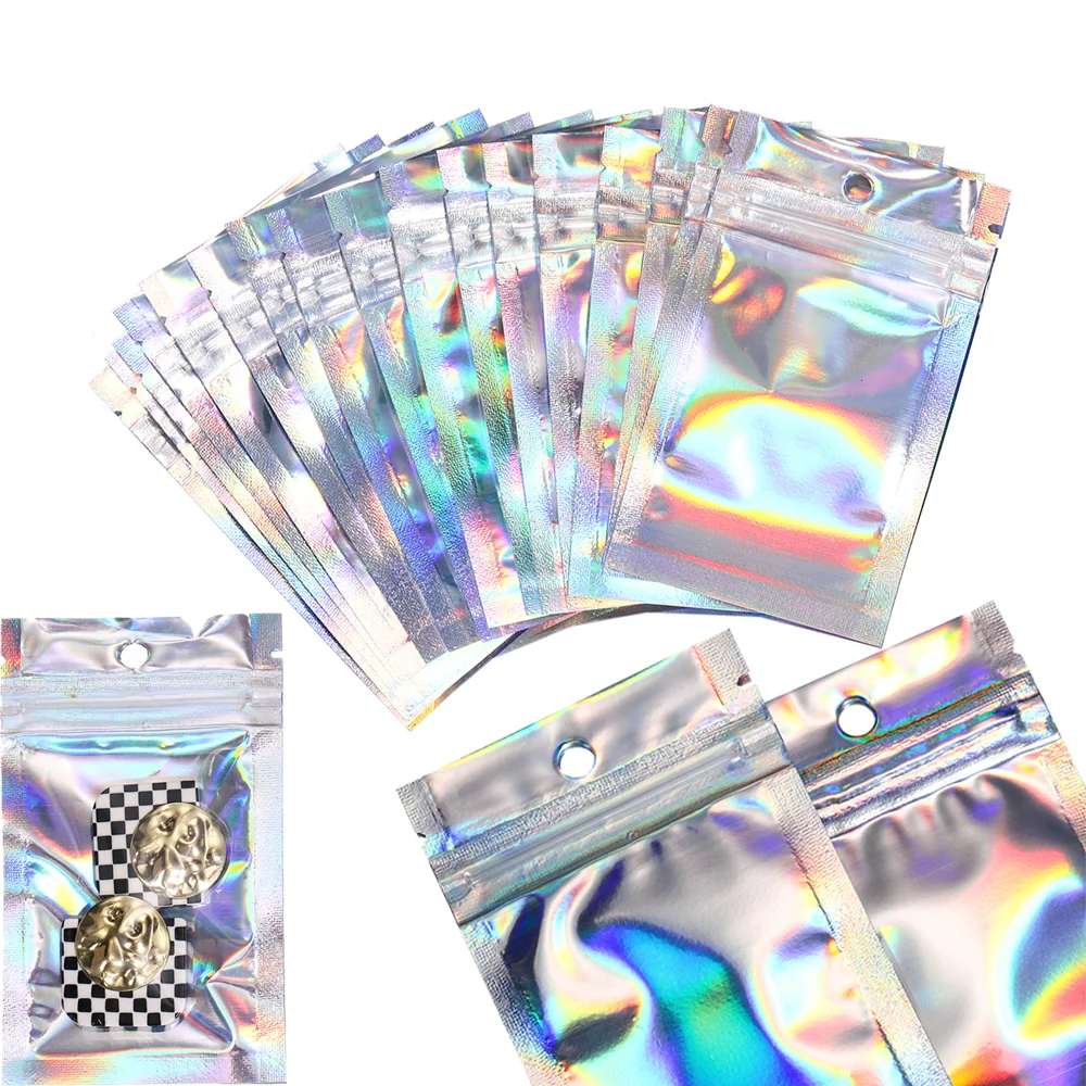 

50 шт. закрывающийся пластиковый пакет с застежкой-молнией, плоский фольгированный мешочек с застежкой-молнией для ювелирных изделий с прозрачным окном, упаковка, сумка для хранения подарков