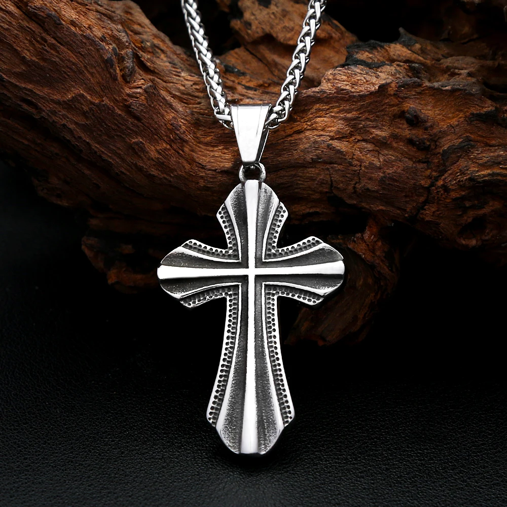 Vintage Gothic Fluted Edge Cross Pendant Necklace Stainless Steel Religious Faith Amulet Unisex Punk Hip Hop Charm Jewelry Gift