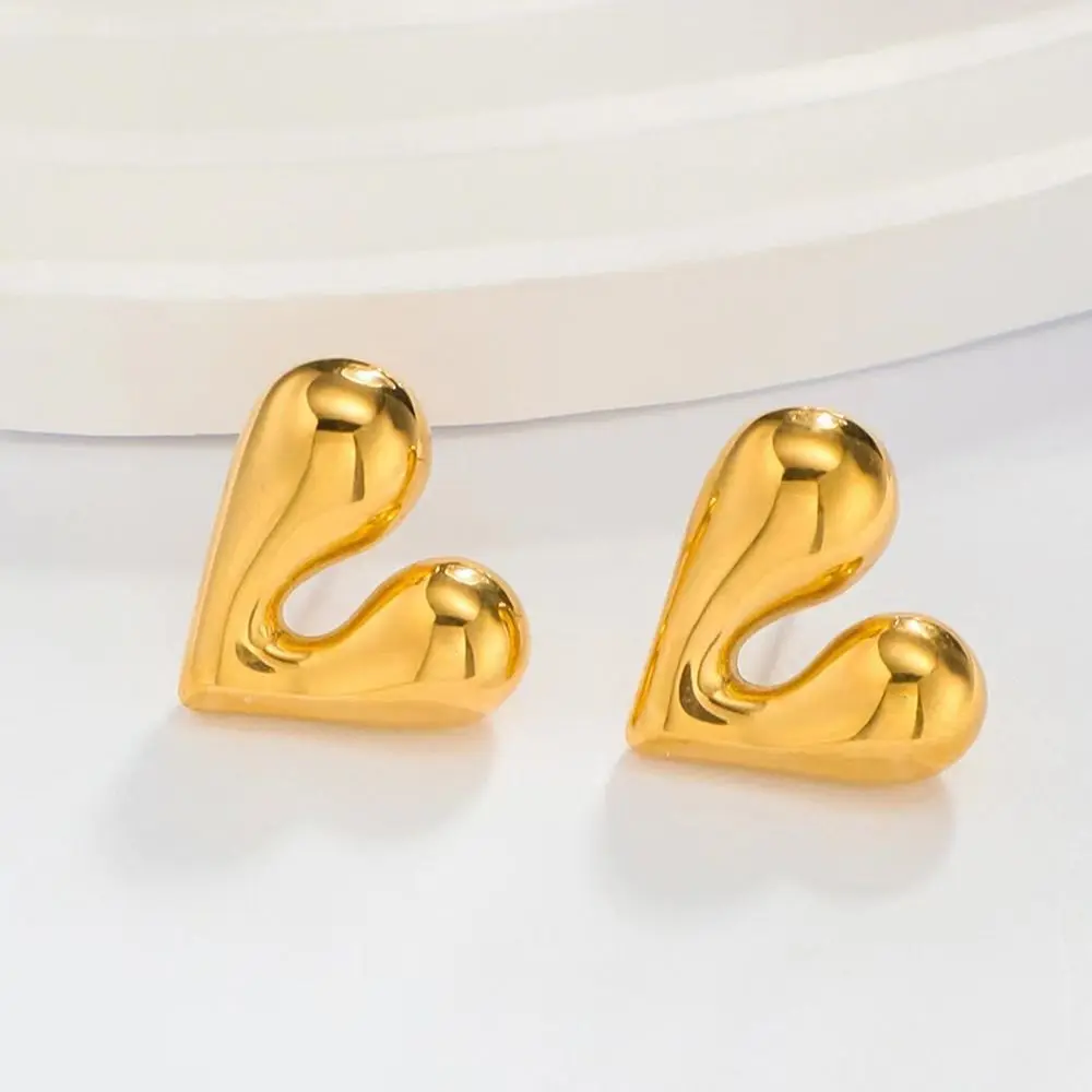 Stainless Steel Irregular Heart Earrings Geometric Texture Gold Color Chunky Hoop Earrings Charm Design Metal Texture