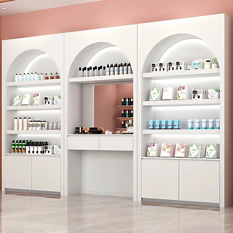 custom.Modern Ultra Modern Cosmetics Display LED Lighting Heavy Duty Ladder Shelf Retail Makeup Show