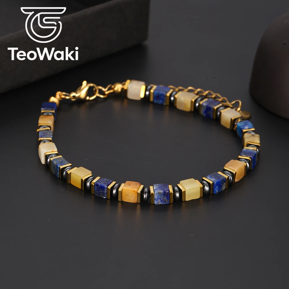 TeoWaki 4mm Natural Square Lapis Lazuli &Yellow Jade Bracelet for Women Men Birthday Party Christmas Perfect Choice Festive Gift