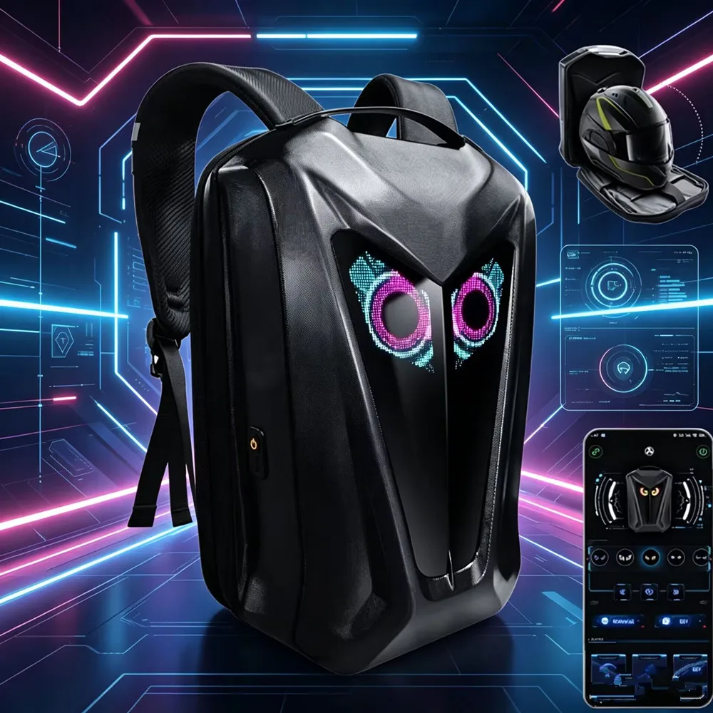 Led screen owl bicycle backpacks programmable diy bag application control motor helmet bag hard shell and flash School Bag