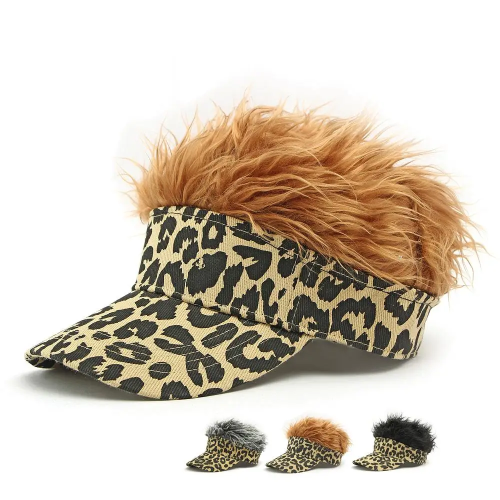 

Unisex All-Season Fashion Baseball Cap - Daily Wear Leopard Print Polyester Hat (55-59cm) with Wig Hair Design
