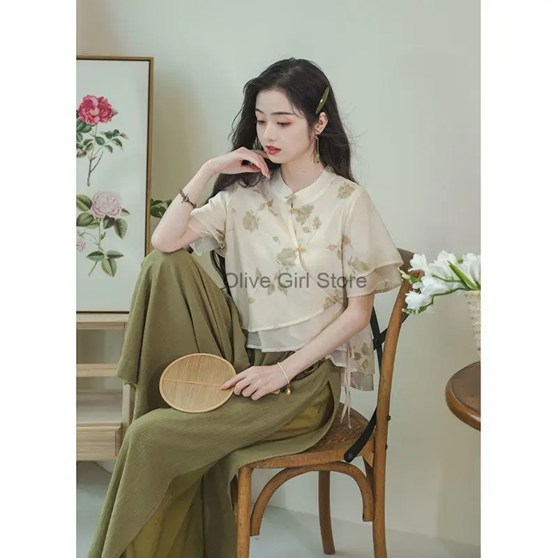 Chinese Clothes for Women Retro Set Summer Fresh Fairy Button Top Short Sleeve Casual Pants Suit Green Elegant Artistic