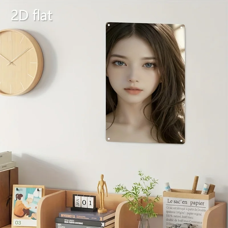 Korean Metal Wall Art Plate, Asian Woman Portrait Sign, Durable 2D Flat Iron Decor for Home Bar Cafe